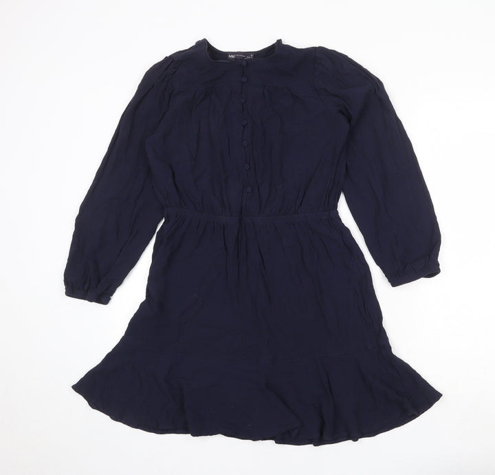 Marks and Spencer Womens Blue Viscose Fit & Flare Size 12 Round Neck Button