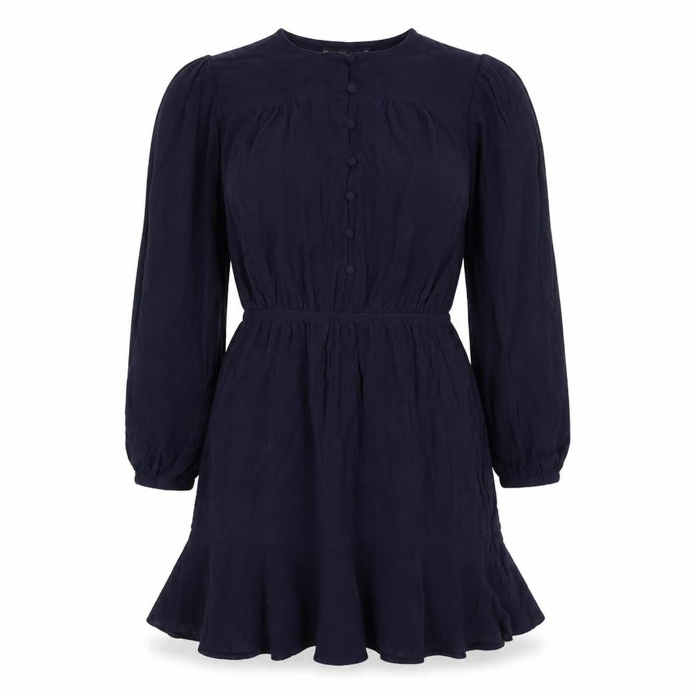 Front view of Marks & Spencer women’s blue viscose fit & flare, size UK 12, round neck button