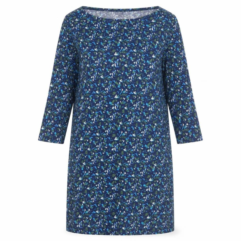 Front view of Pure women’s blue geometric polyester a-line, size UK 12, boat neck pullover
