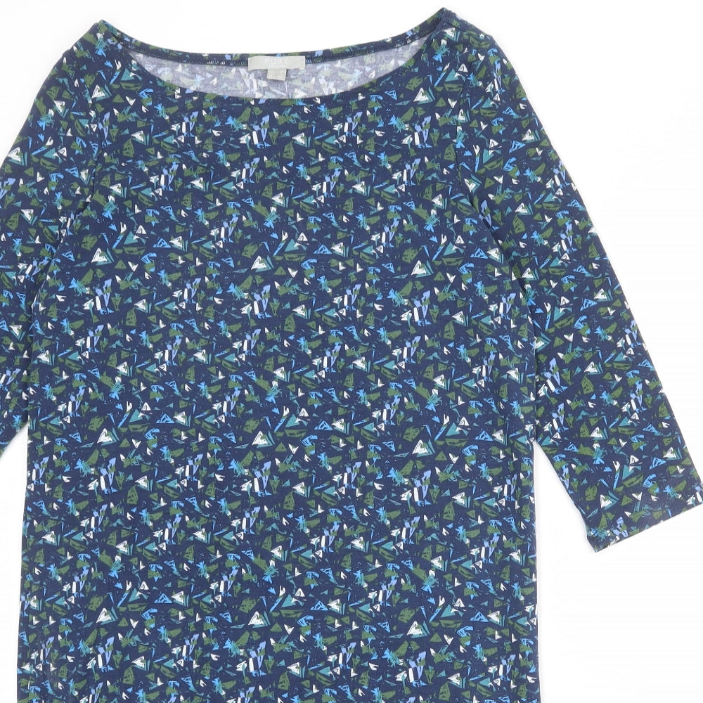 Pure Womens Blue Geometric Polyester A-Line Size 12 Boat Neck Pullover
