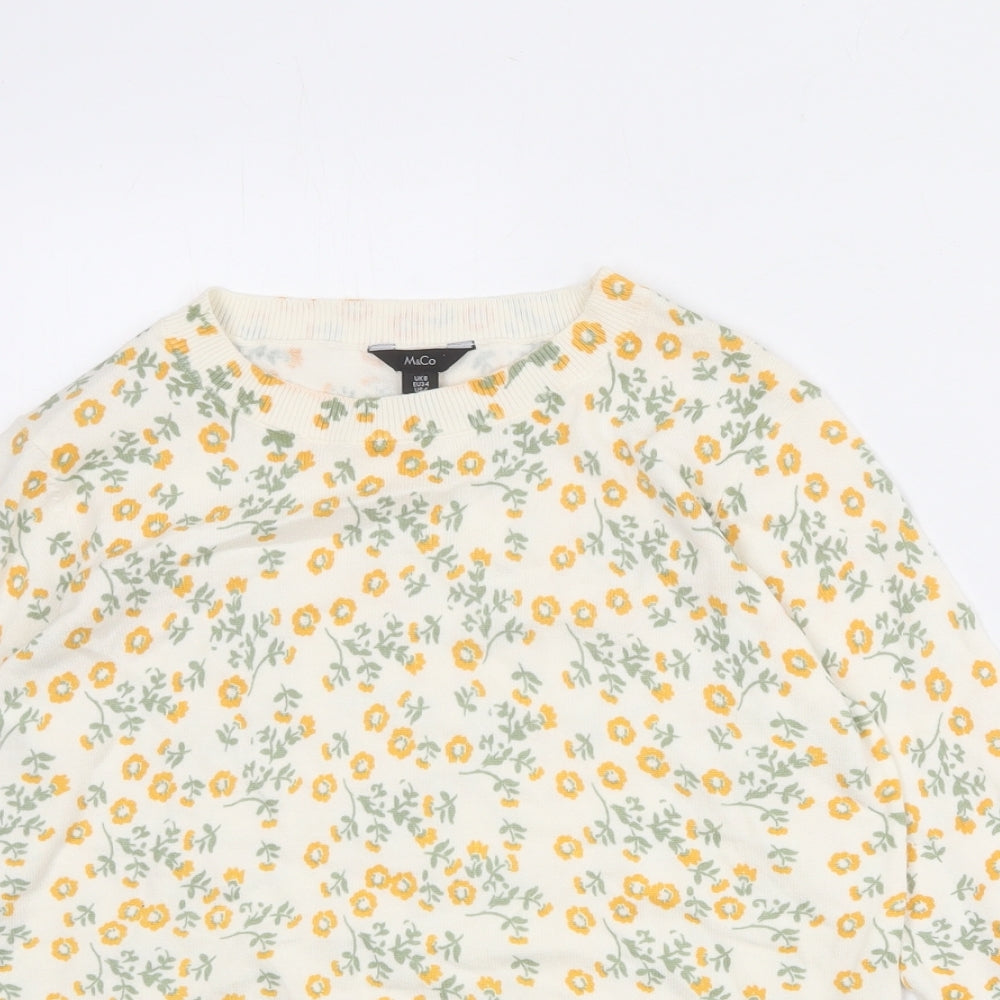 M&Co Womens Ivory Round Neck Floral Cotton Pullover Jumper Size 8