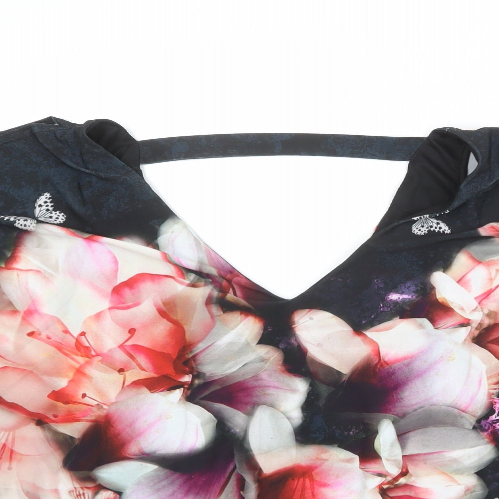 Wallis Womens Black Floral Polyester Basic Blouse Size 10 V-Neck