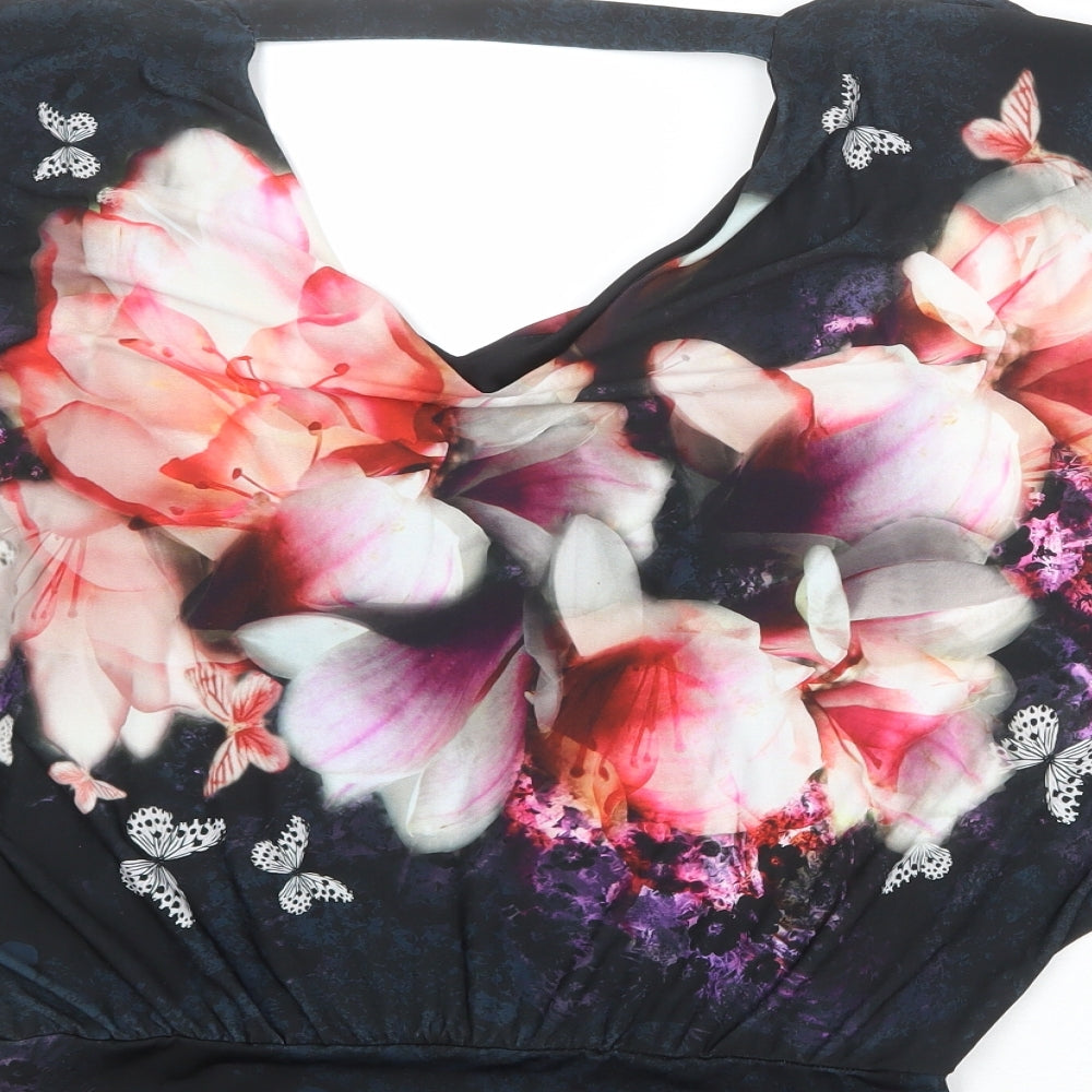 Wallis Womens Black Floral Polyester Basic Blouse Size 10 V-Neck