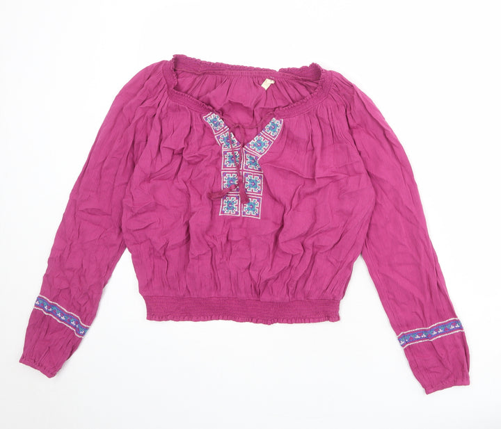 Hollister Womens Purple Geometric Cotton Basic Blouse Size S Boat Neck