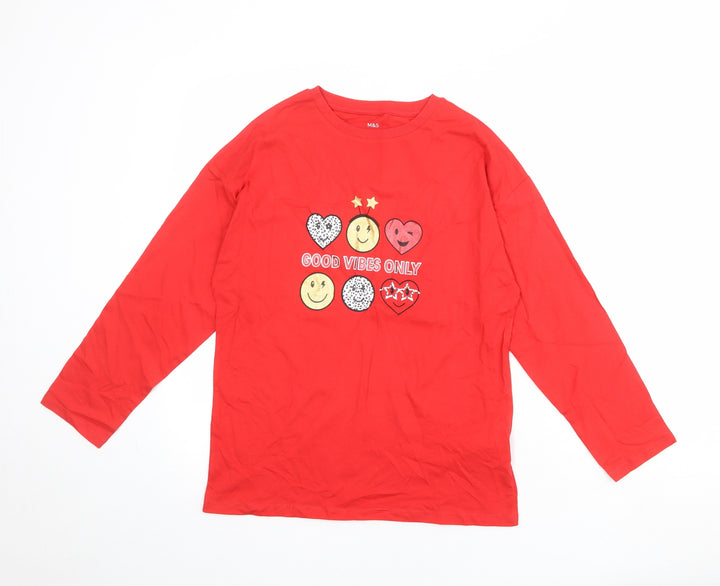 Marks and Spencer Girls Red 100% Cotton Pullover T-Shirt Size 13-14 Years Round Neck Pullover - Good Vibes Only