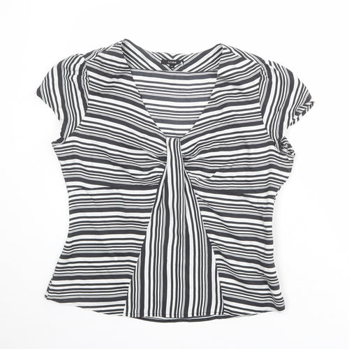 Linea Womens Black Striped Silk Basic Blouse Size 16 V-Neck