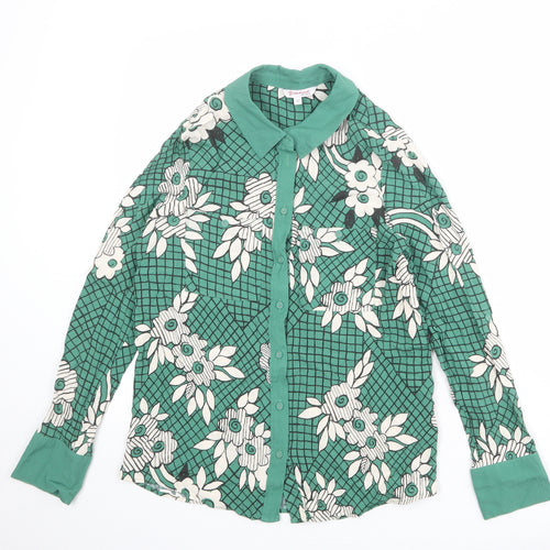 NEXT Womens Green Floral Viscose Basic Button-Up Size 12 Collared