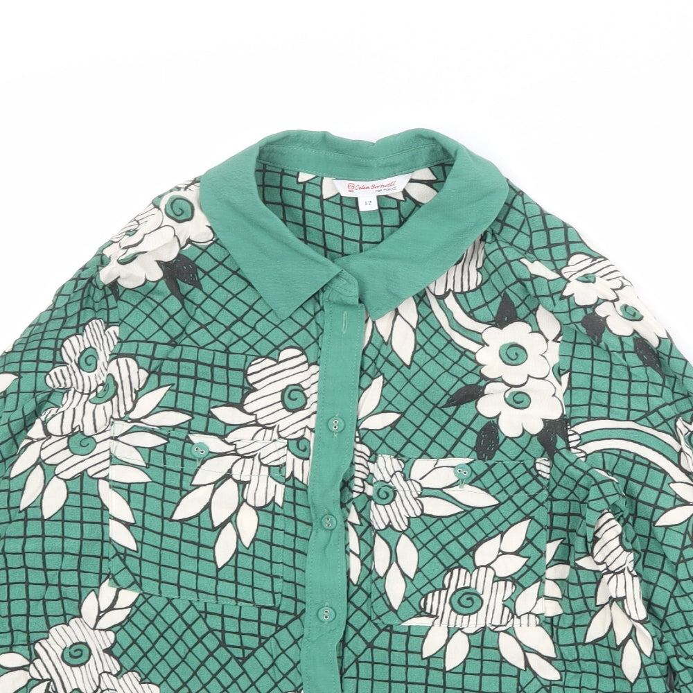 NEXT Womens Green Floral Viscose Basic Button-Up Size 12 Collared