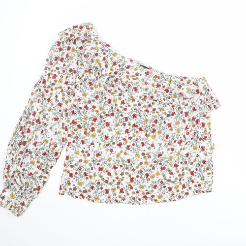 New Look Womens White Floral 100% Cotton Basic Blouse Size 14 One Shoulder
