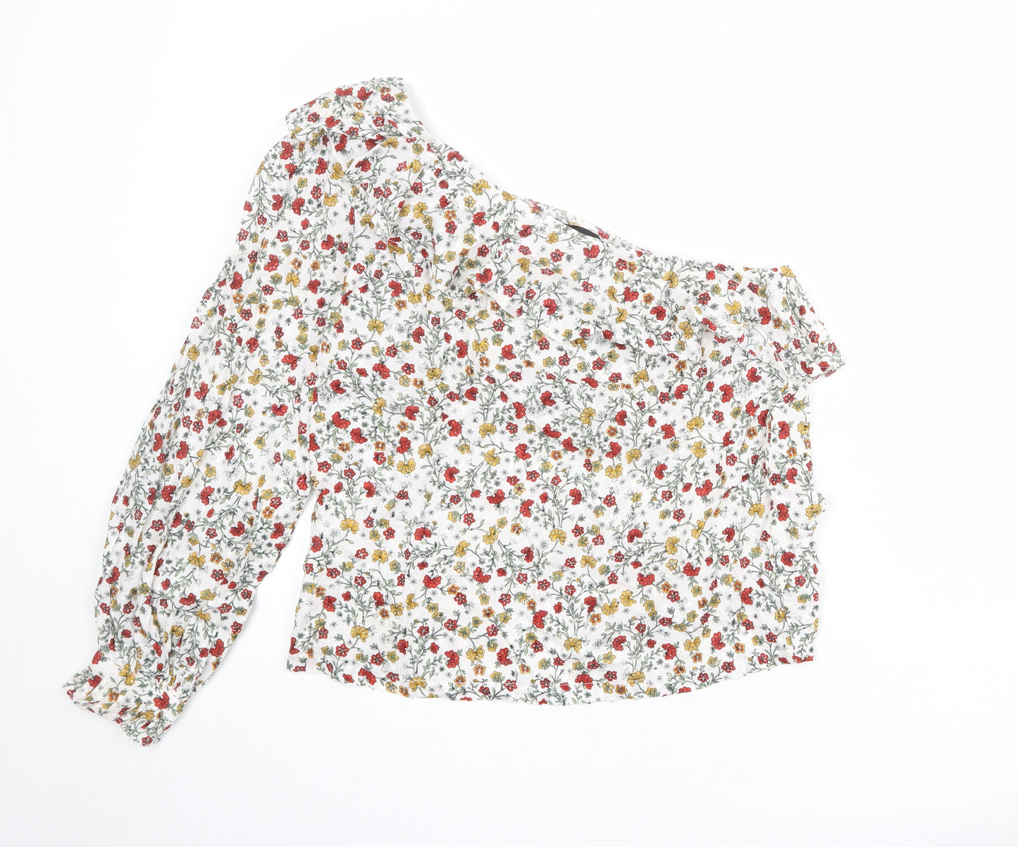 New Look Womens White Floral 100% Cotton Basic Blouse Size 14 One Shoulder