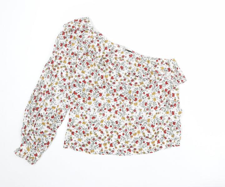 New Look Womens White Floral 100% Cotton Basic Blouse Size 14 One Shoulder