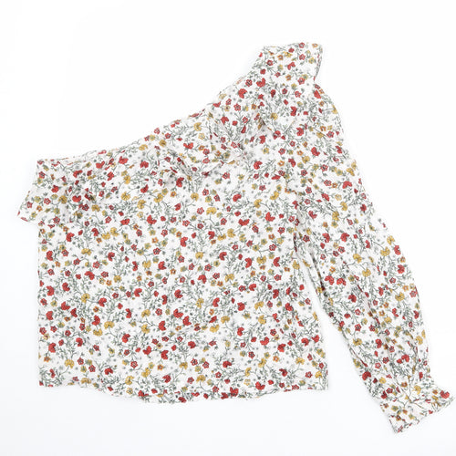 New Look Womens White Floral 100% Cotton Basic Blouse Size 14 One Shoulder