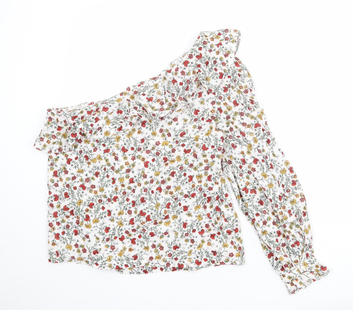 New Look Womens White Floral 100% Cotton Basic Blouse Size 14 One Shoulder
