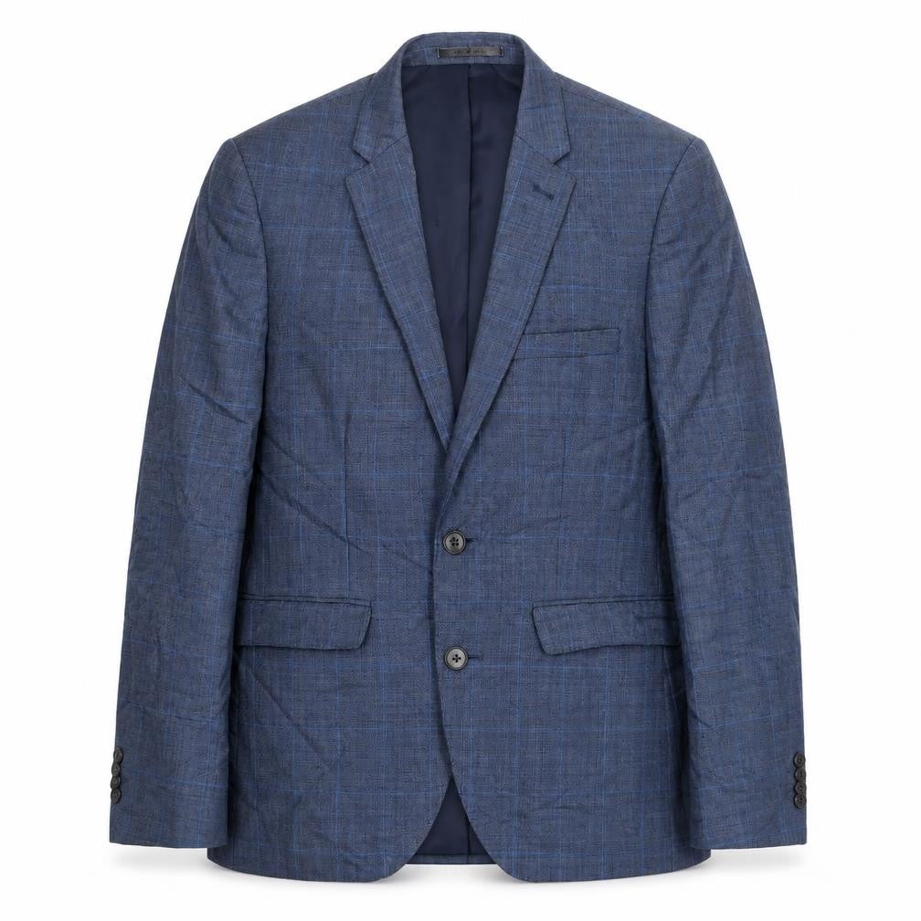 Front view of Burton men’s blue plaid wool jacket suit, size 38, regular