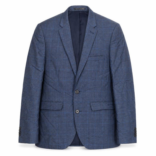 Front view of Burton men’s blue plaid wool jacket suit, size 38, regular