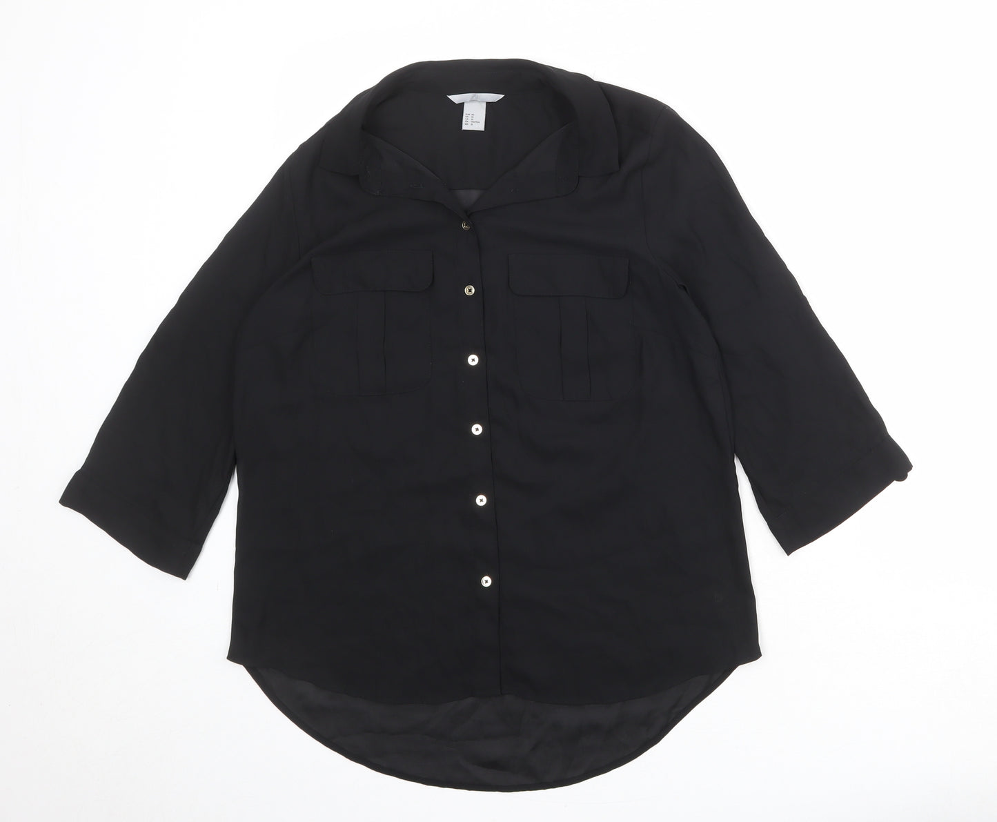 H&M Womens Black Polyester Basic Button-Up Size 14 V-Neck
