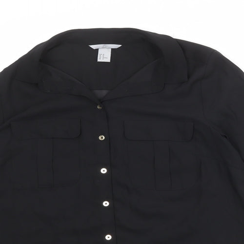 H&M Womens Black Polyester Basic Button-Up Size 14 V-Neck