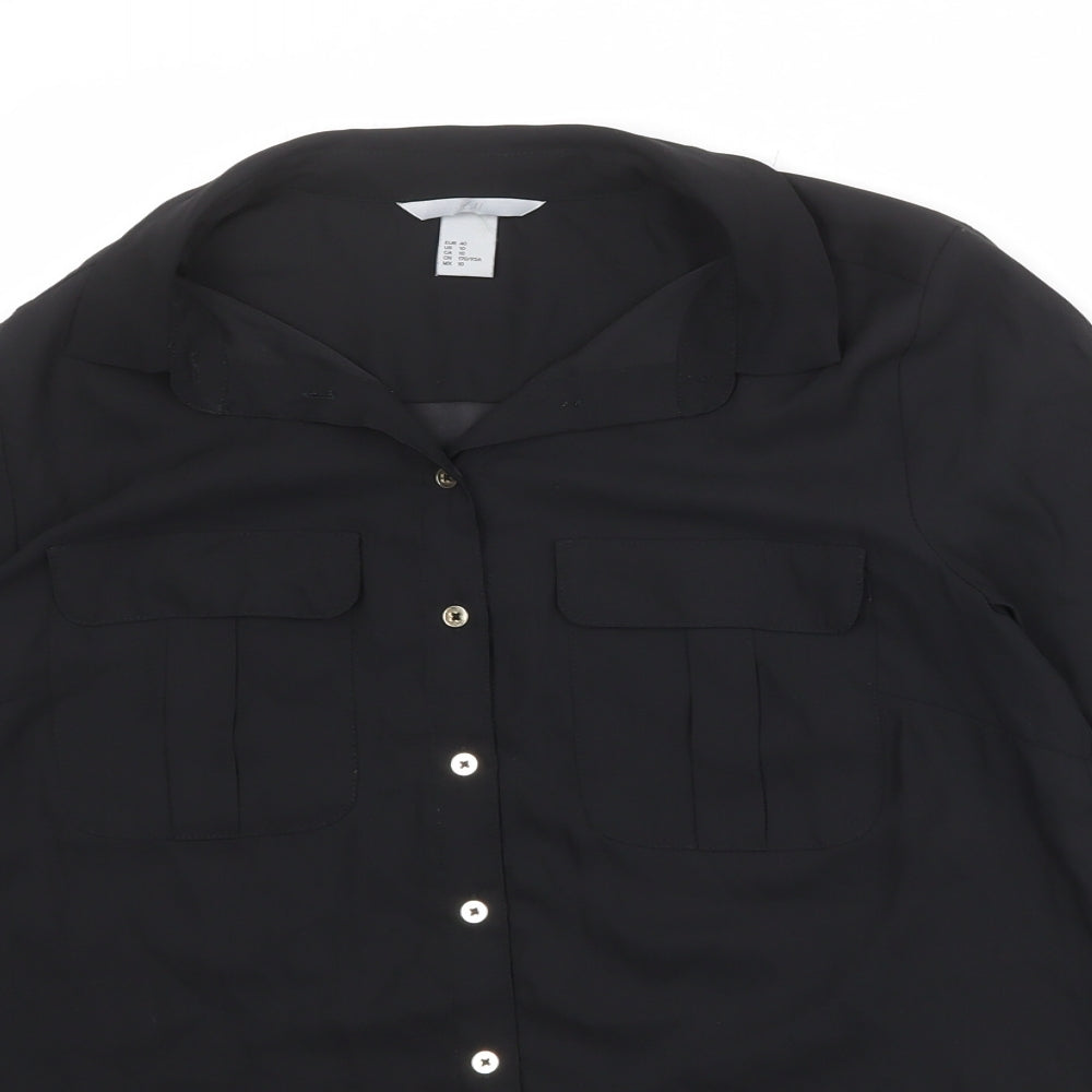H&M Womens Black Polyester Basic Button-Up Size 14 V-Neck