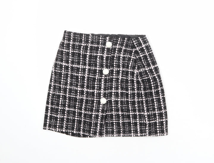 Miss Selfridge Womens Black Plaid Polyester A-Line Skirt Size 6 Button