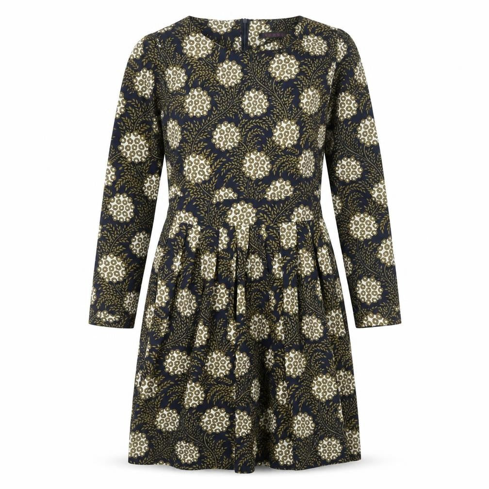 Front view of Tenki women’s blue geometric polyester sheath, size UK 12, round neck zip
