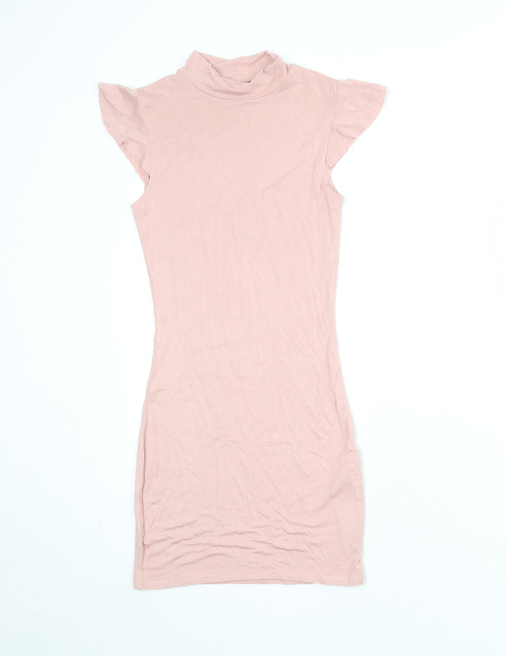 PRETTYLITTLETHING Womens Pink Viscose Bodycon Size 8 Mock Neck Pullover