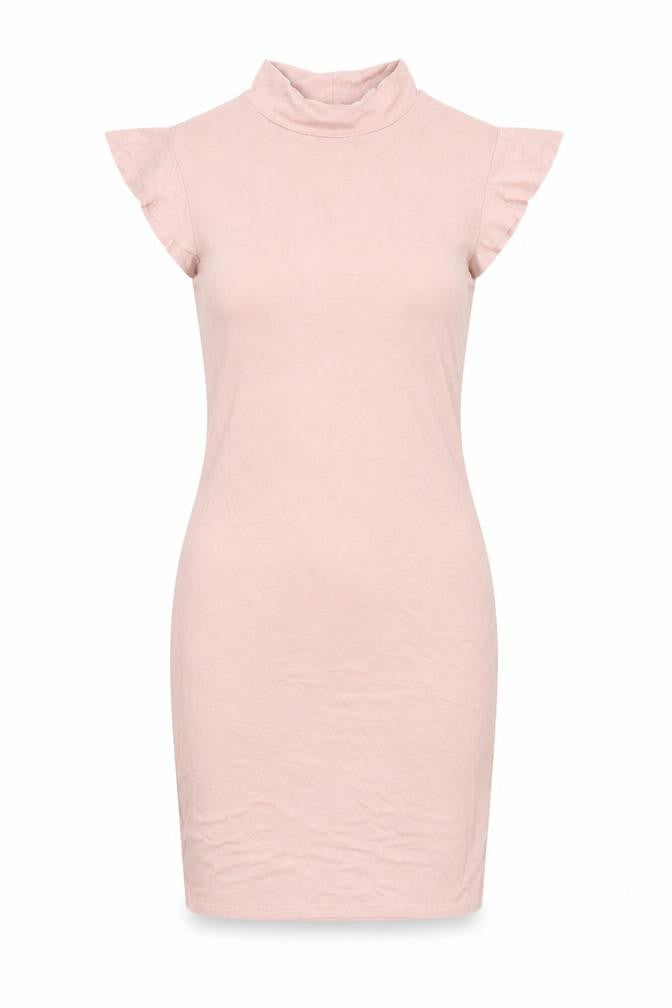 Front view of PRETTYLITTLETHING women’s pink viscose bodycon, size UK 8, mock neck pullover