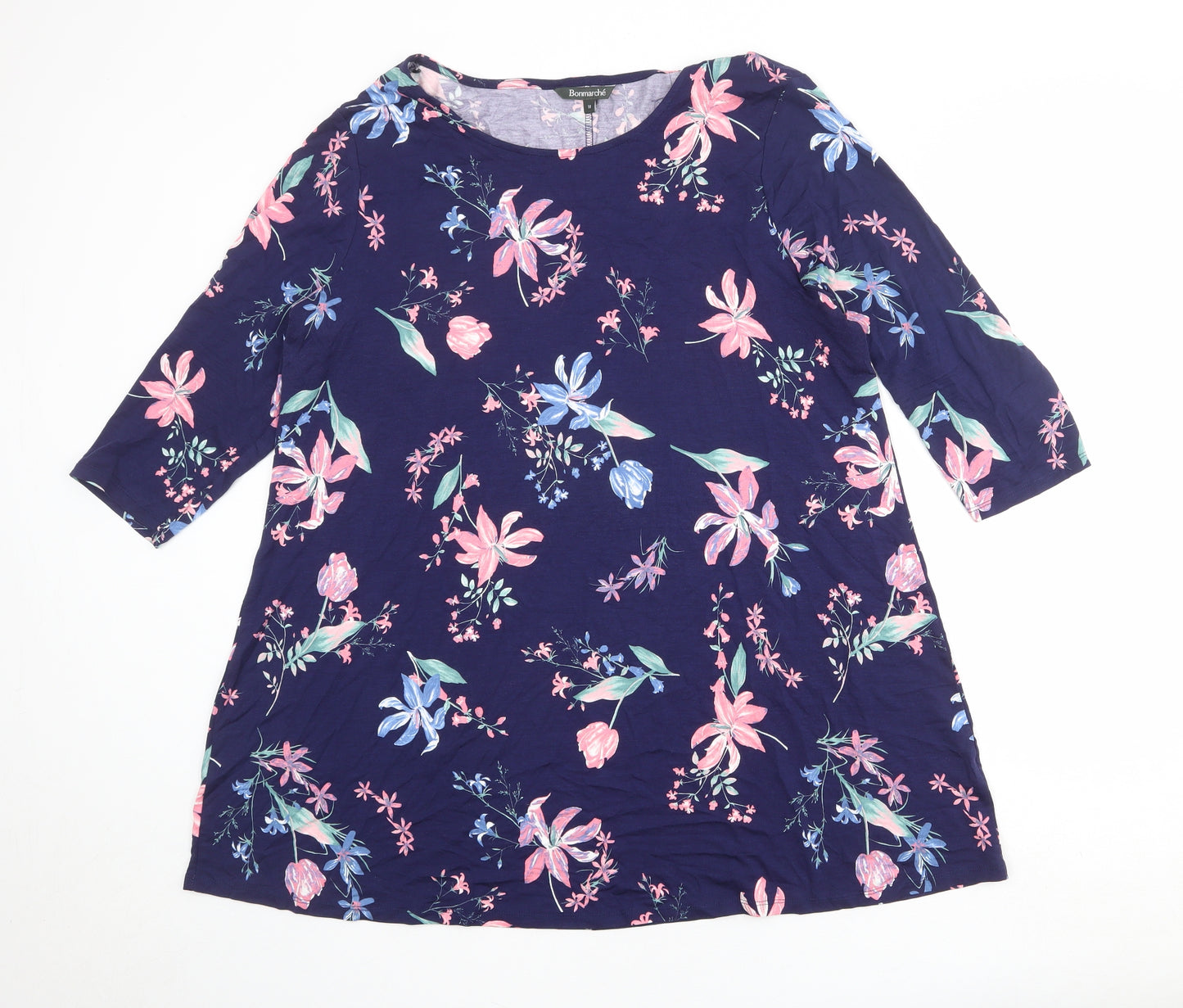 Bonmarché Womens Blue Floral Viscose A-Line Size 18 Round Neck Pullover