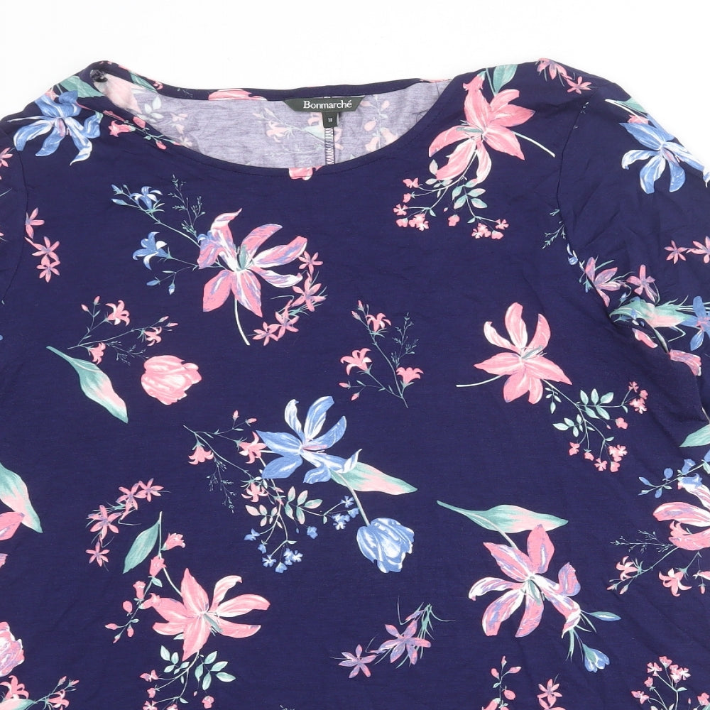 Bonmarché Womens Blue Floral Viscose A-Line Size 18 Round Neck Pullover