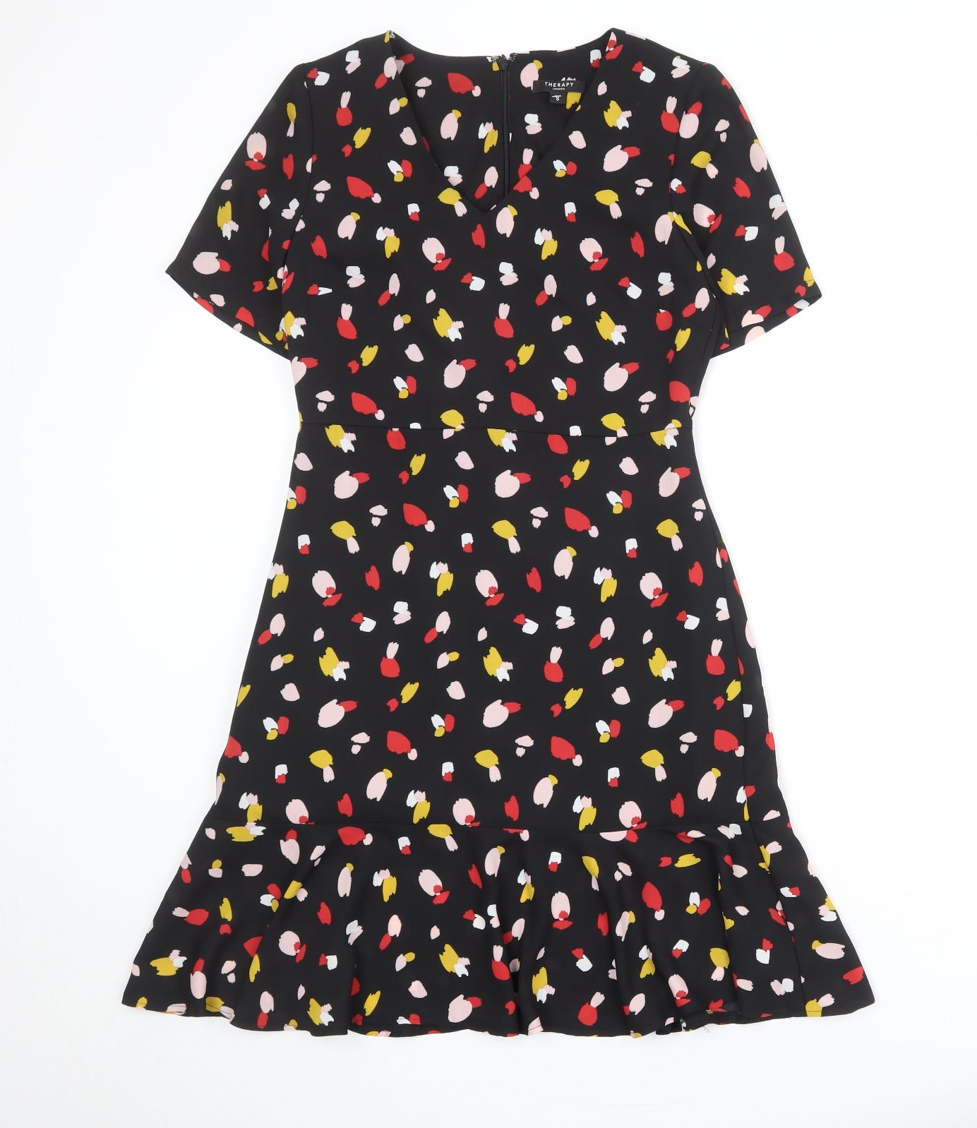 Therapy Womens Black Geometric Polyester Skater Dress Size 8 V-Neck Zip