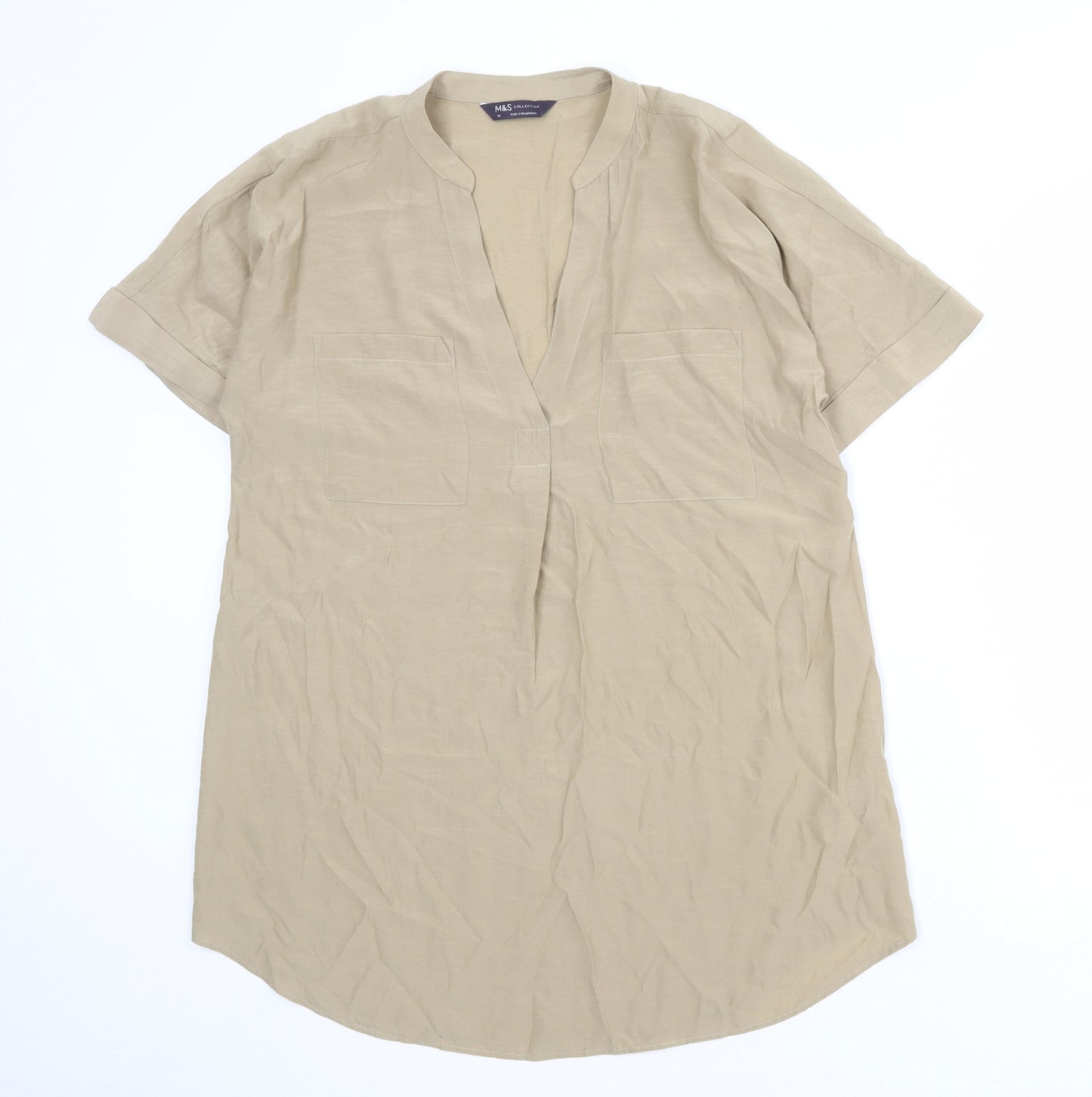 Marks and Spencer Womens Beige Viscose Basic Blouse Size 10 V-Neck