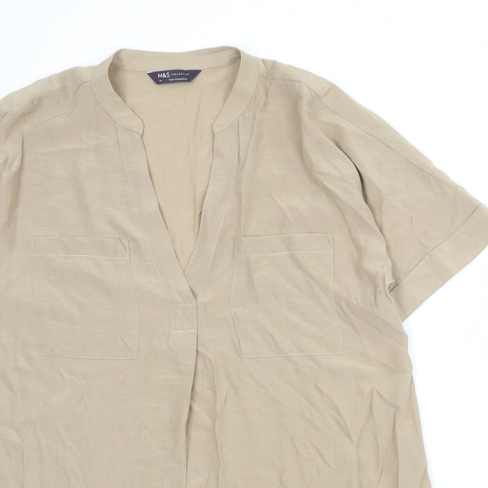 Marks and Spencer Womens Beige Viscose Basic Blouse Size 10 V-Neck