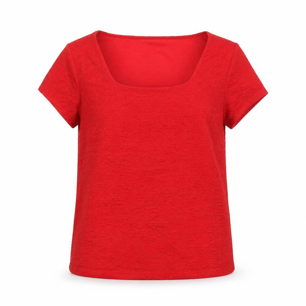 Front view of Planet women’s red polyester basic t-shirt, size XL, scoop neck