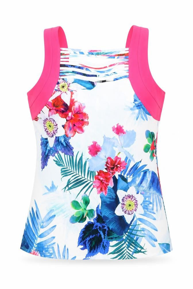Front view of Julien Macdonald women’s multicoloured floral polyester basic tank, size UK 12, square neck