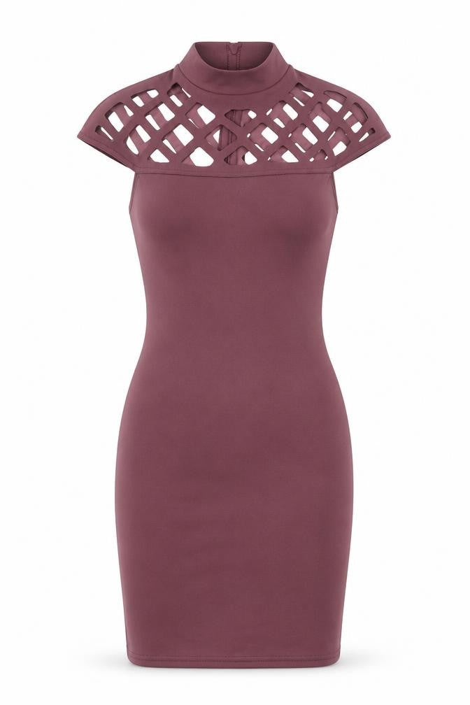 Front view of In the Style women’s purple polyester bodycon, size UK 10, round neck zip