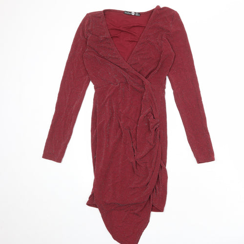 Boohoo Womens Red Nylon A-Line Size 10 V-Neck Pullover