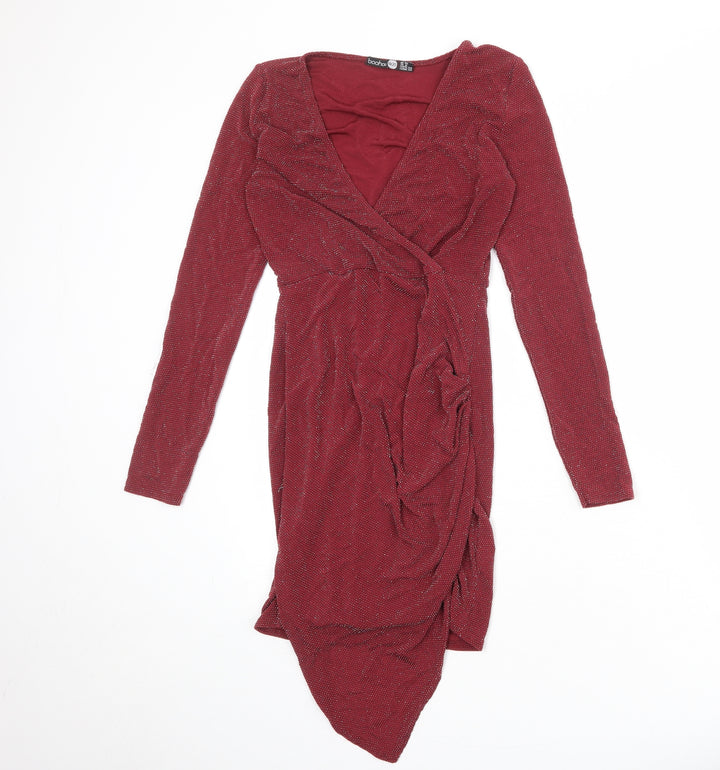 Boohoo Womens Red Nylon A-Line Size 10 V-Neck Pullover
