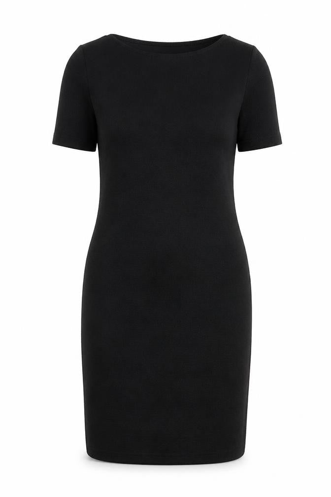 Front view of Dorothy Perkins women’s black polyester sheath, size UK 12, boat neck pullover