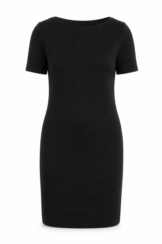 Front view of Dorothy Perkins women’s black polyester sheath, size UK 12, boat neck pullover