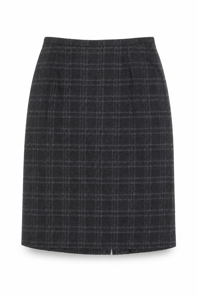 Front view of Planet women’s grey plaid polyester a-line skirt, size UK 12, zip