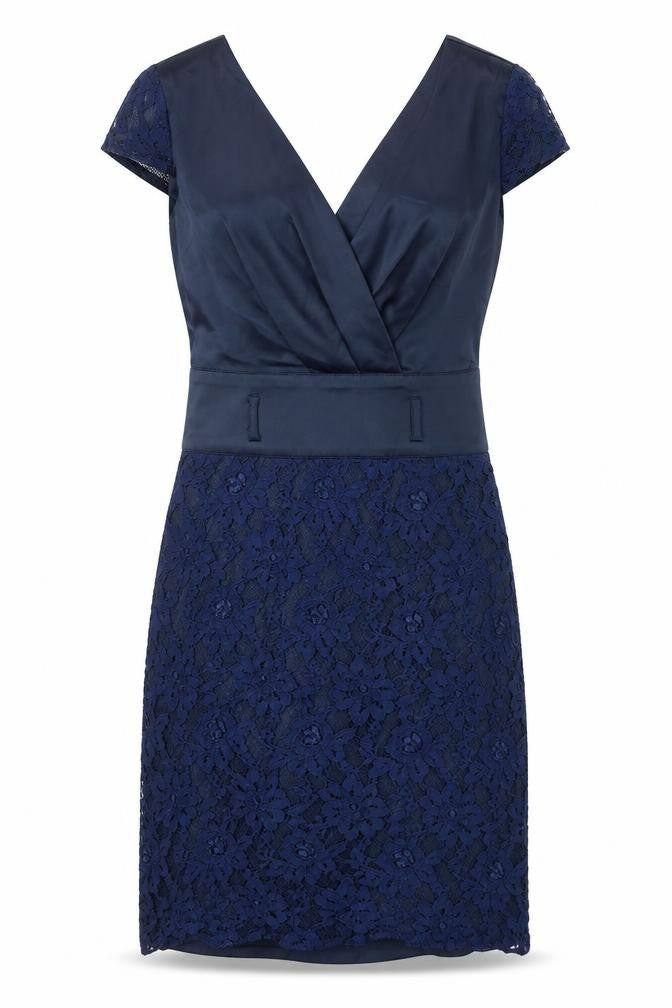 Front view of BRZ women’s blue floral polyester a-line, size UK 8, v-neck zip