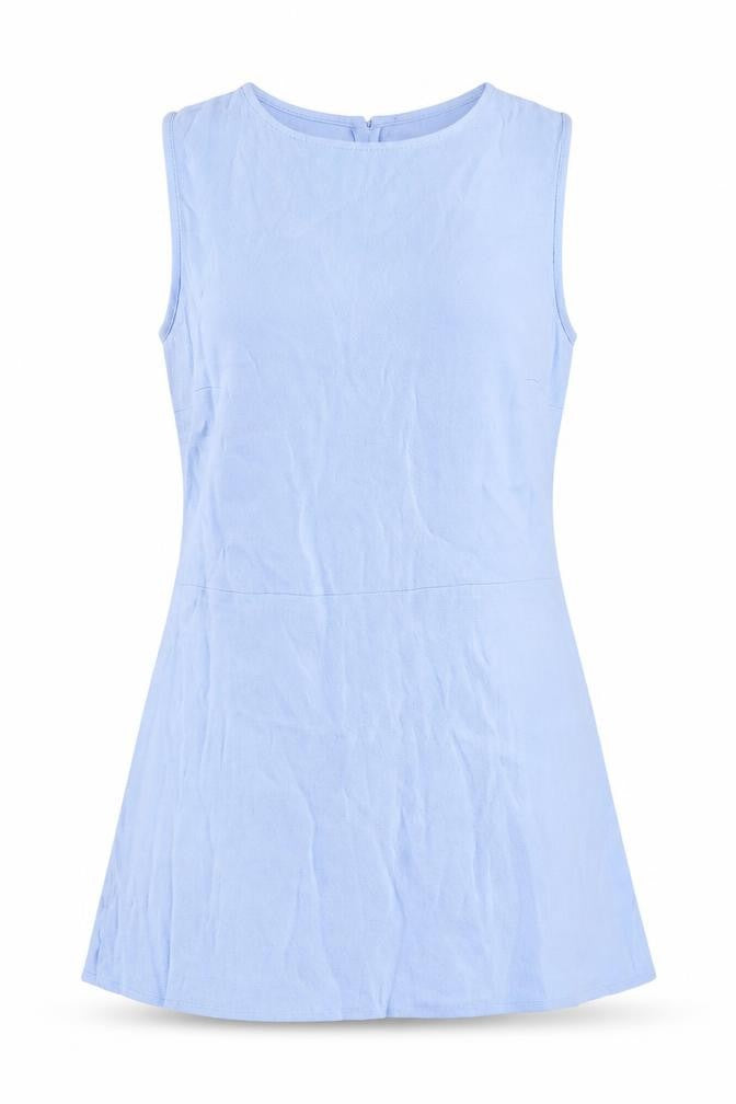Front view of Warehouse women’s blue viscose basic tank, size UK 8, round neck
