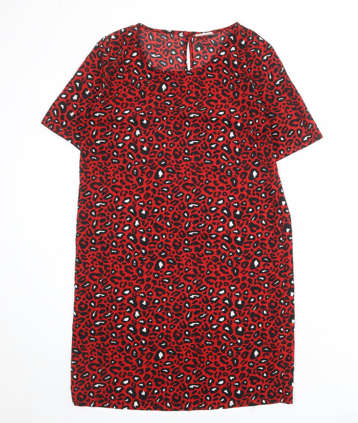 VILA Womens Red Animal Print Polyester T-Shirt Dress Size S Round Neck Button - Leopard pattern