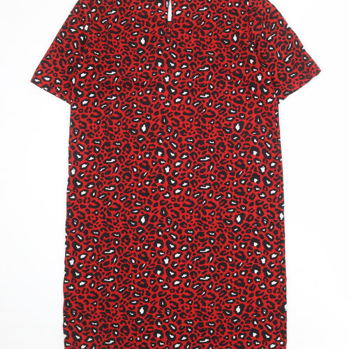 VILA Womens Red Animal Print Polyester T-Shirt Dress Size S Round Neck Button - Leopard pattern