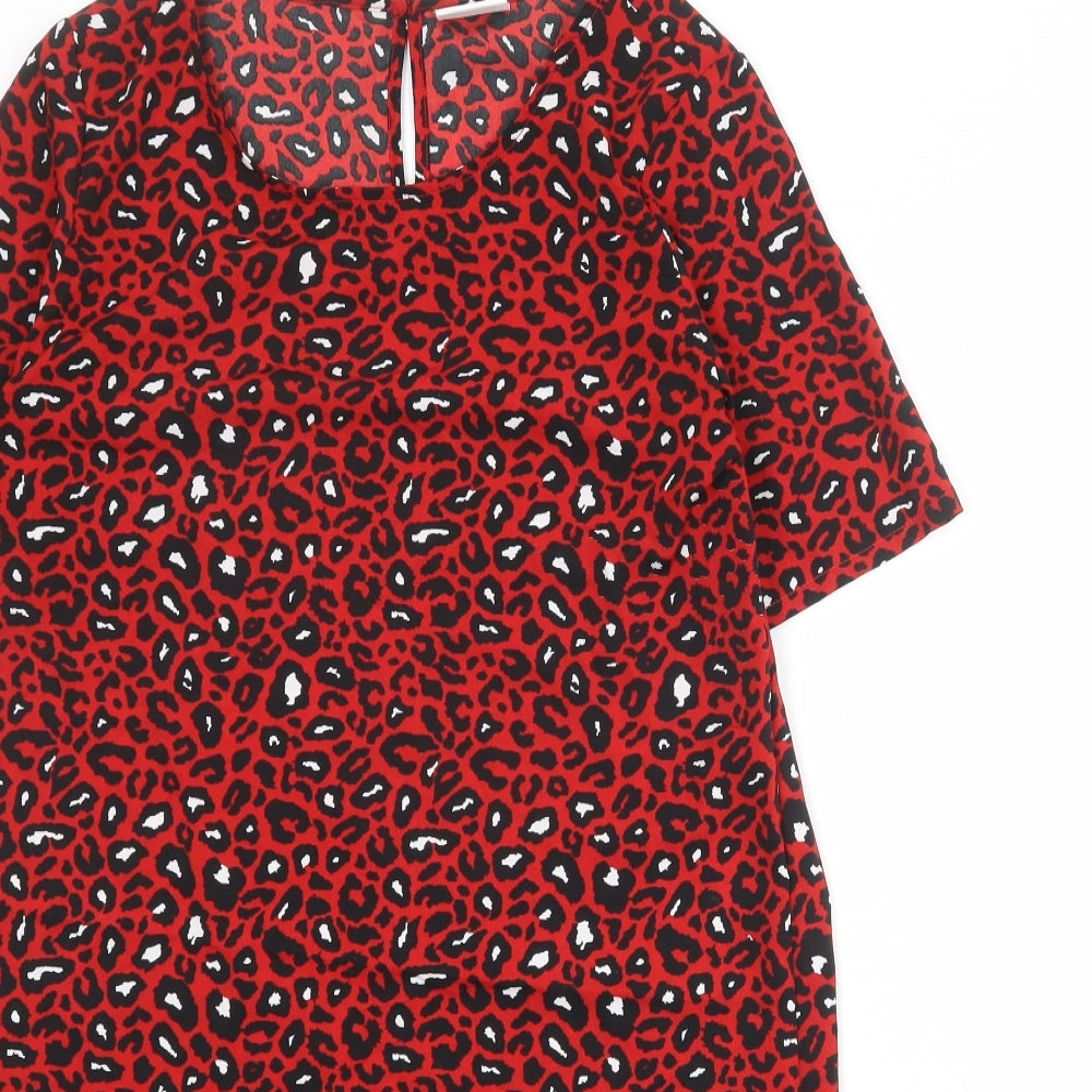 VILA Womens Red Animal Print Polyester T-Shirt Dress Size S Round Neck Button - Leopard pattern