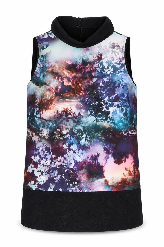 Front view of Coast women’s multicoloured geometric polyester basic tank, size UK 6, round neck