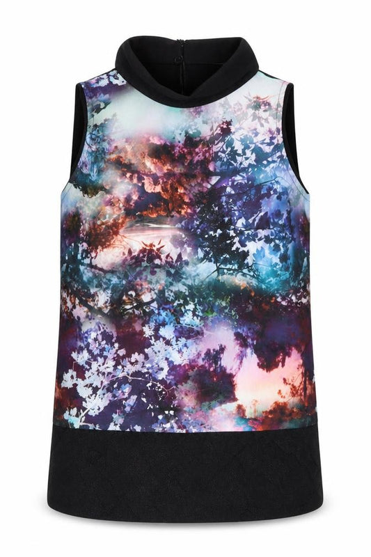 Front view of Coast women’s multicoloured geometric polyester basic tank, size UK 6, round neck