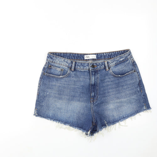 Zara Womens Blue Cotton Hot Pants Shorts Size 16 Regular Zip
