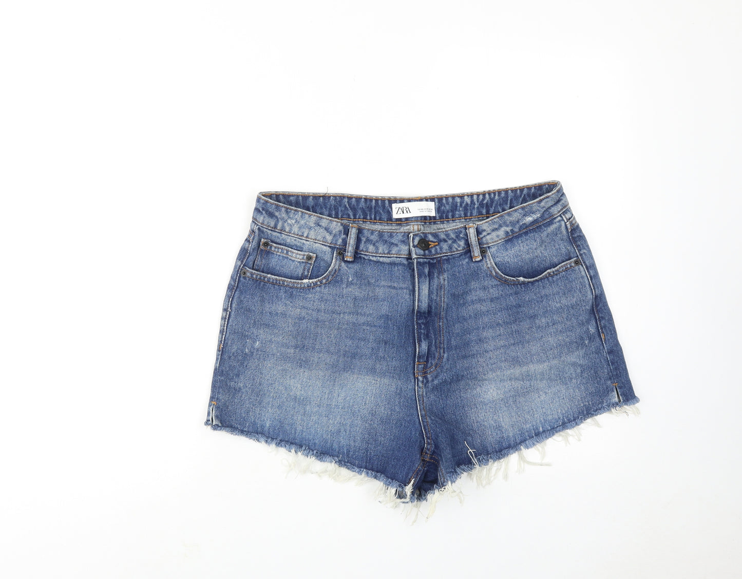 Zara Womens Blue Cotton Hot Pants Shorts Size 16 Regular Zip