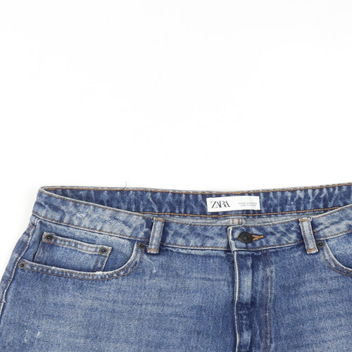 Zara Womens Blue Cotton Hot Pants Shorts Size 16 Regular Zip