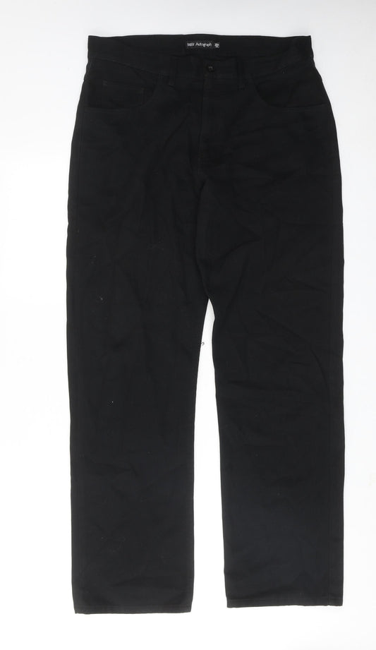 Autograph Mens Black Cotton Trousers Size 34 in L31 in Regular Zip